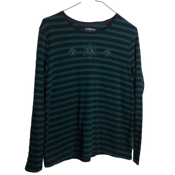 Croft&Barrow Classic Tee women's size L t-shirt green & blue stripe "Snowflakes" - Picture 1 of 5